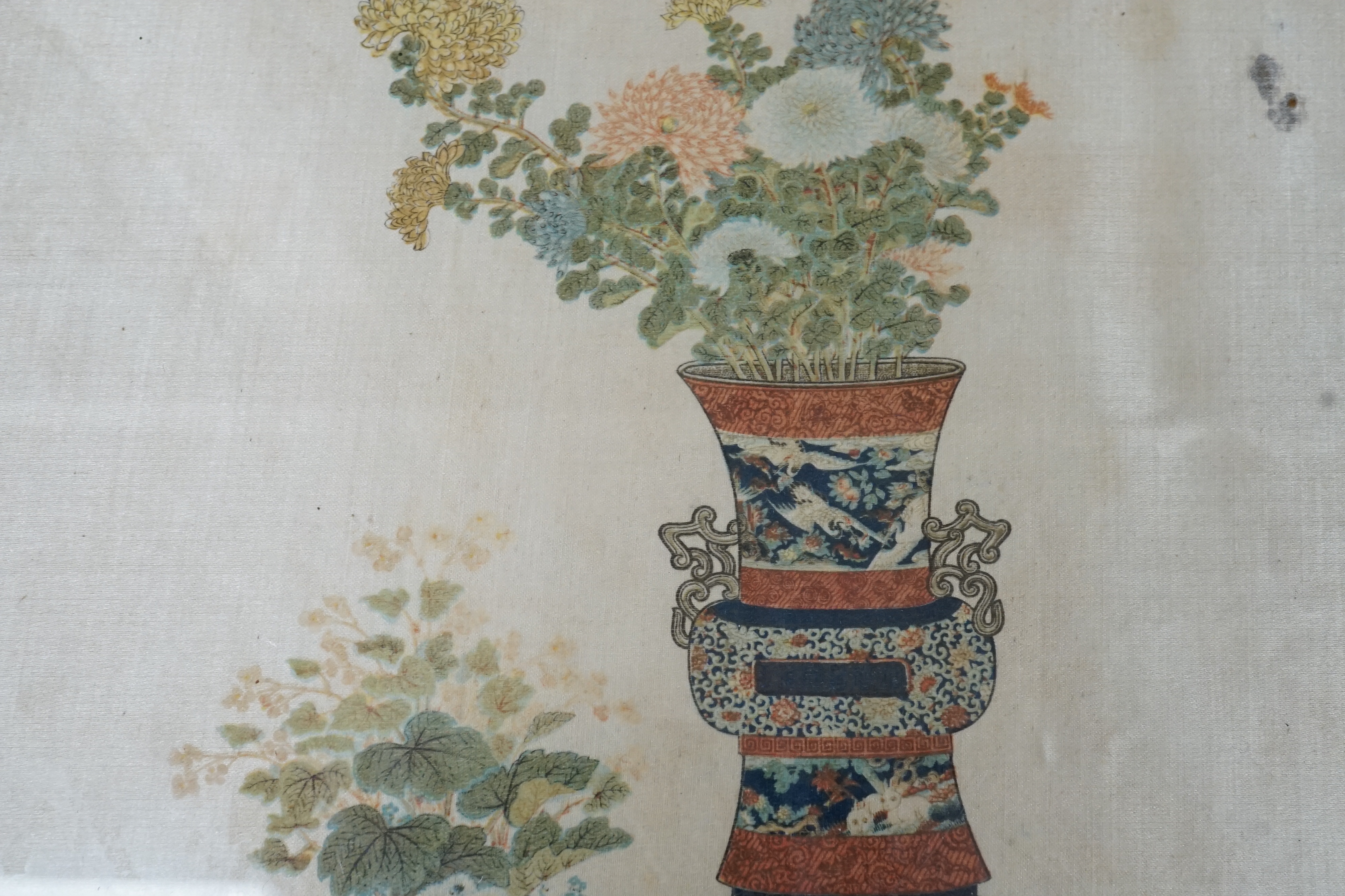 A Chinese print on silk of a plant stand and jardiniere. 28 x 24cm